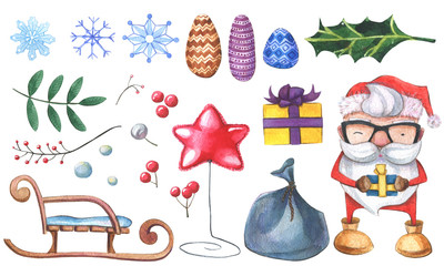 Winter watercolor set. Santa Claus, sleich, rowanberry, snowflakes  and other christmas objects.