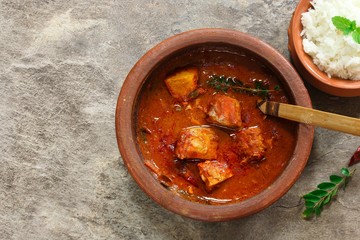 Kerala Alleppey fish Curry / Tuna cooked in spicy red sauce, top view