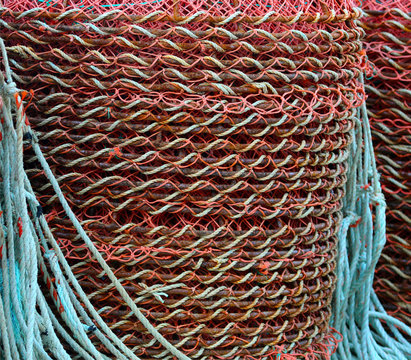 detail of stacked colorful crab pots, Newfoundland, Canada Stock