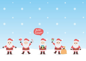 Set of character cartoon cute Santa Claus attributes for winter holidays and Christmas,in different costumes, vector illustration.