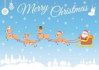 Set of characters cartoon cute Santa Claus and Reindeer attributes for winter holidays and Christmas, fly in the sky over on the white village and white forest, vector illustration.