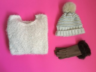 Woman winter clothes, top view.