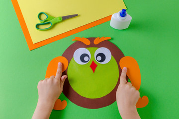 kid is making a owl with color paper, glue and scissors