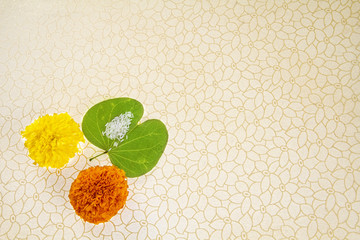 Dashera Festival apta leaf with marigold flower rangoli