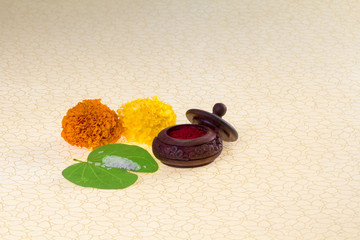 Dashera Festival apta leaf with marigold flower rangoli