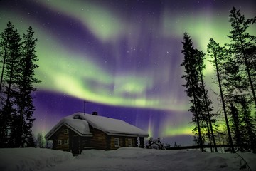 Beautiful Northern Lights (Aurora Borealis) in the night sky over winter Lapland landscape, Finland, Scandinavia