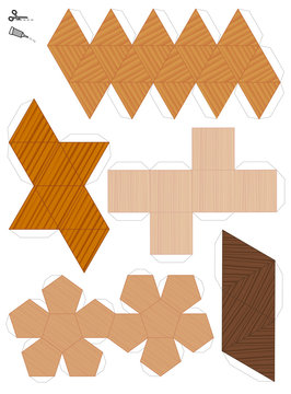 Paper models of the five platonic solids. Wooden textured templates to cut out and make five geometrical figures. Sample set with different textures.