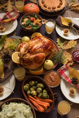 Overhead view of Thanksgiving turkey dinner