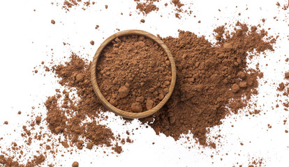 Pile of cocoa powder isolated on white background. Top view