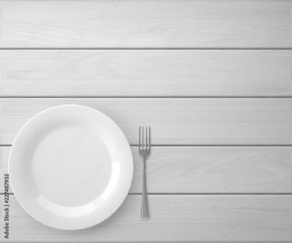 Fototapete Empty plate on white wooden table. View from the top with copy space. 3d rendering.