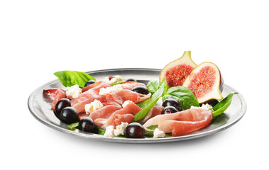 Plate with delicious fig salad on white background