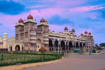 Fototapeta na wymiar Famous Mysore Palace At Sunset