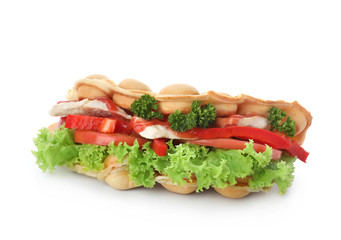 Delicious bubble waffle with meat and vegetables on white background