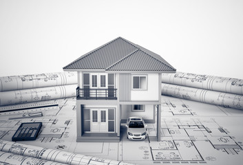 Construction plans with drawing tools and House, Architectural and engineering housing concept. 3d render