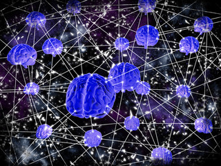 3D render illustration of brains communicating with each other exchanging informations in a network