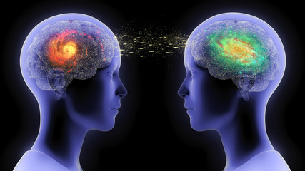 3D rendered illustration of two people communicating by telepathy, connected brains exchanging information 