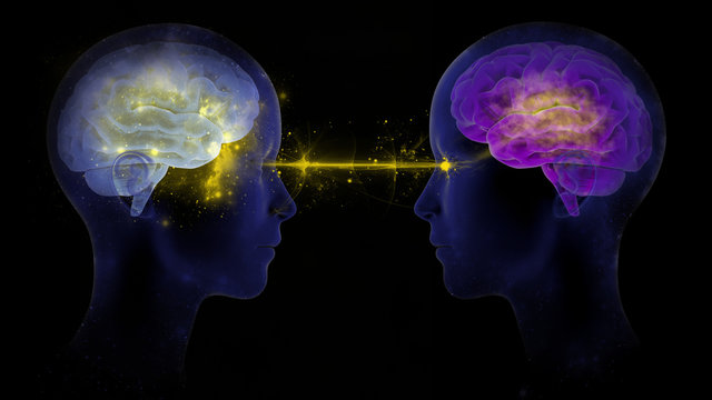 3D rendered illustration of two people communicating by telepathy, connected brains exchanging information 