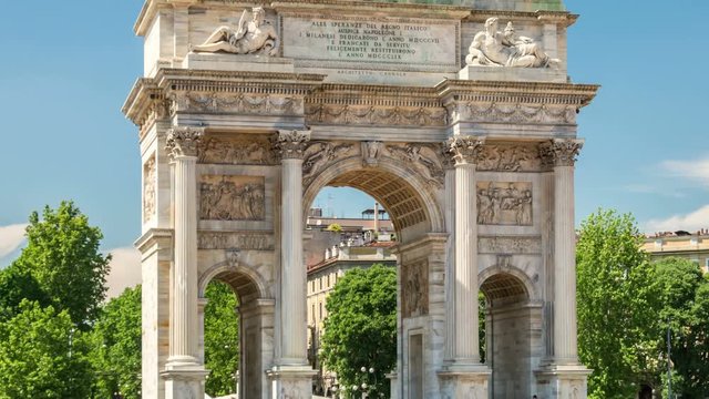 Arco della Pace or Arch of Peace, a neoclassical triumphal arch and one of the most important landmarks of Milan, Italy. Tilt down shot.