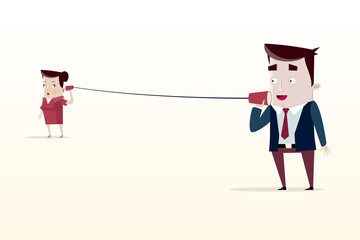 Communications: man and woman talking with cup telephones