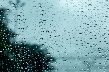 Rain drops on the windshield.