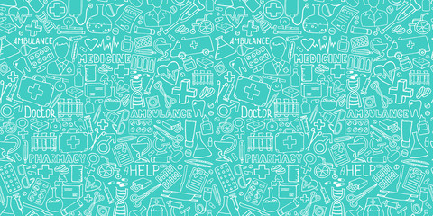 Medicine seamless doodle pattern for your design. Hand drawn Health care, pharmacy, medical cartoon background. Vector illustrations eps 10. - 227492924