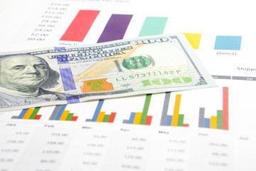 US dollar banknotes money on chart graph spreadsheet paper. Financial development, Banking Account, Statistics, Investment Analytic research data economy, trading, office reporting Business c