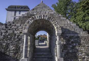 Roman wall with Plecnik's pyramid at Mirje in Ljubljana, Slovenia