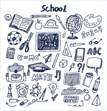 Set of School Stuff Hand Drawn Vector Illustration
