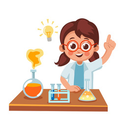 Cute little girl showing a result of a scientific experiment. chemical reaction. science for children cartoon vector illustration 