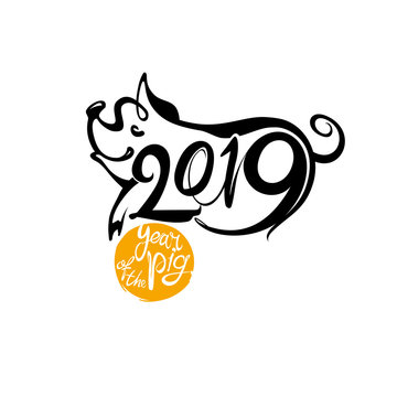 Graphic symbol Pig 2019. Yellow round stamp with the inscription Year of the Pig. New Year's design. Vector template.
