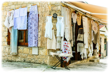 Traditional village Omodos  with lace workshops. Cyprus island