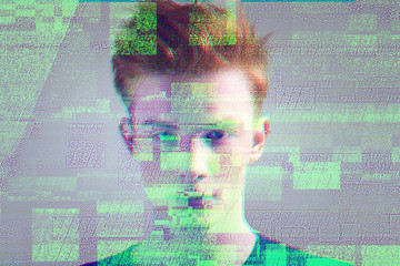 Serious person. Concentrated young man thoughtfully looking in front of himself and imagining his...