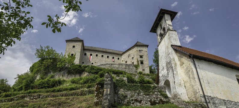 Panoramic view of castle Kostel with church in Kolpa river valley, Slovenia