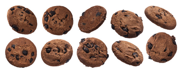 Chocolate oatmeal chip cookies isolated on white background - obrazy, fototapety, plakaty