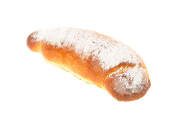 Traditional Bulgarian breakfast dish named Lokumka or Kifla made from slightly sweetened dough, powdered sugar icing and turkish delight or marmalade filling. Isolated on white background