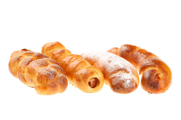 Four traditional Bulgarian breakfast pasty meals, isolated on white - Kozunak (sweet leavened bun), Krenvirshka (with hotdog like sausage), Lokumka (with turkish delight) and Kifla with marmalade