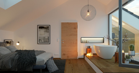 luxury bedroom with free bathtube in candle light at the evening 