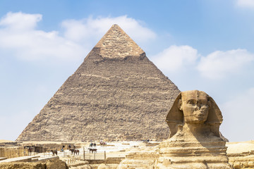 Spinx face on the Giza pyramid background, Cairo, Egypt