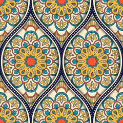 Seamless pattern with ethnic mandala ornament. Hand drawn illustration