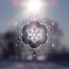Vector festive template; Spiritual sacred geometry; "Flower of life" and crystal ice snowflake on fairytale winter photographic background; New year and Christmas; Yoga, meditation and relax.