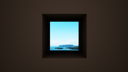 Dark brown wall with window Sea view and bright sky - Artwork for summer - 3D Rendering