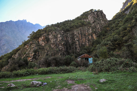 Lonely house in the mountains at the foot of the Gveleti Waterfalls near Kazbegi, Giorgia	