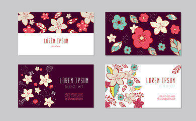 Set of horizontal business visiting cards temlpates. Vintage pattern in modern style with doodle flower. Vector botanical horizontal banners.