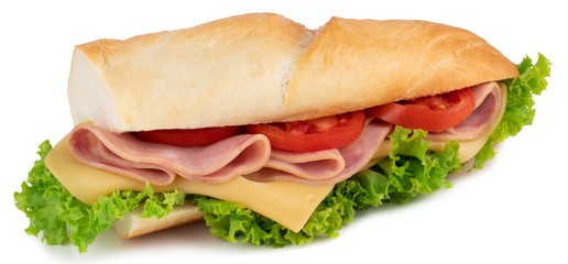 Fresh baguette sandwich with ham, cheese, tomatoes, and lettuce isolated on white background.