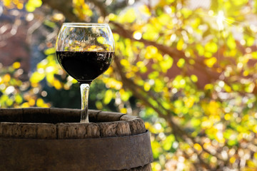 Red Wine Bottle and Wine Glass on Wodden Barrel