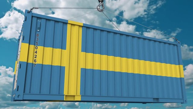 Cargo container with flag of Sweden. Swedish import or export related conceptual 3D animation