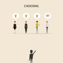 Businesspeople selecting & Boss hands cartoon character.Selecting or Choosing concept.Acknowledgement & Business compliment concept.Success & Achievement concept.Vector illustration