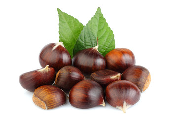 Chestnuts, hippocastanum with leaves isolated.