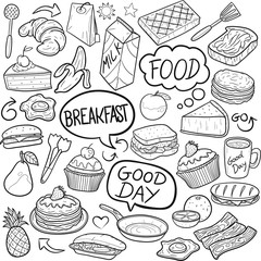 Breakfast Food Traditional Doodle Icons Sketch Hand Made Design Vector