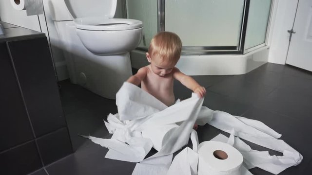 Toddler ripping up toilet paper in bathroom